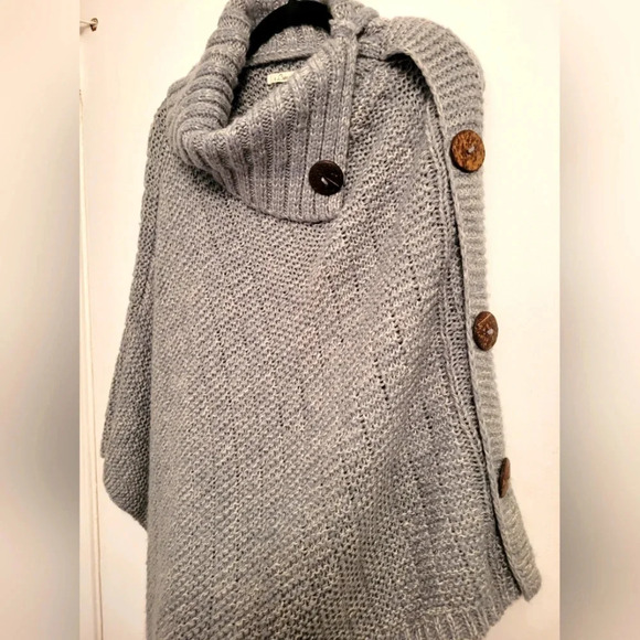 e LUNA gray knit split turtleneck pullover poncho sweater Women's OS warm cozy - Picture 7 of 7